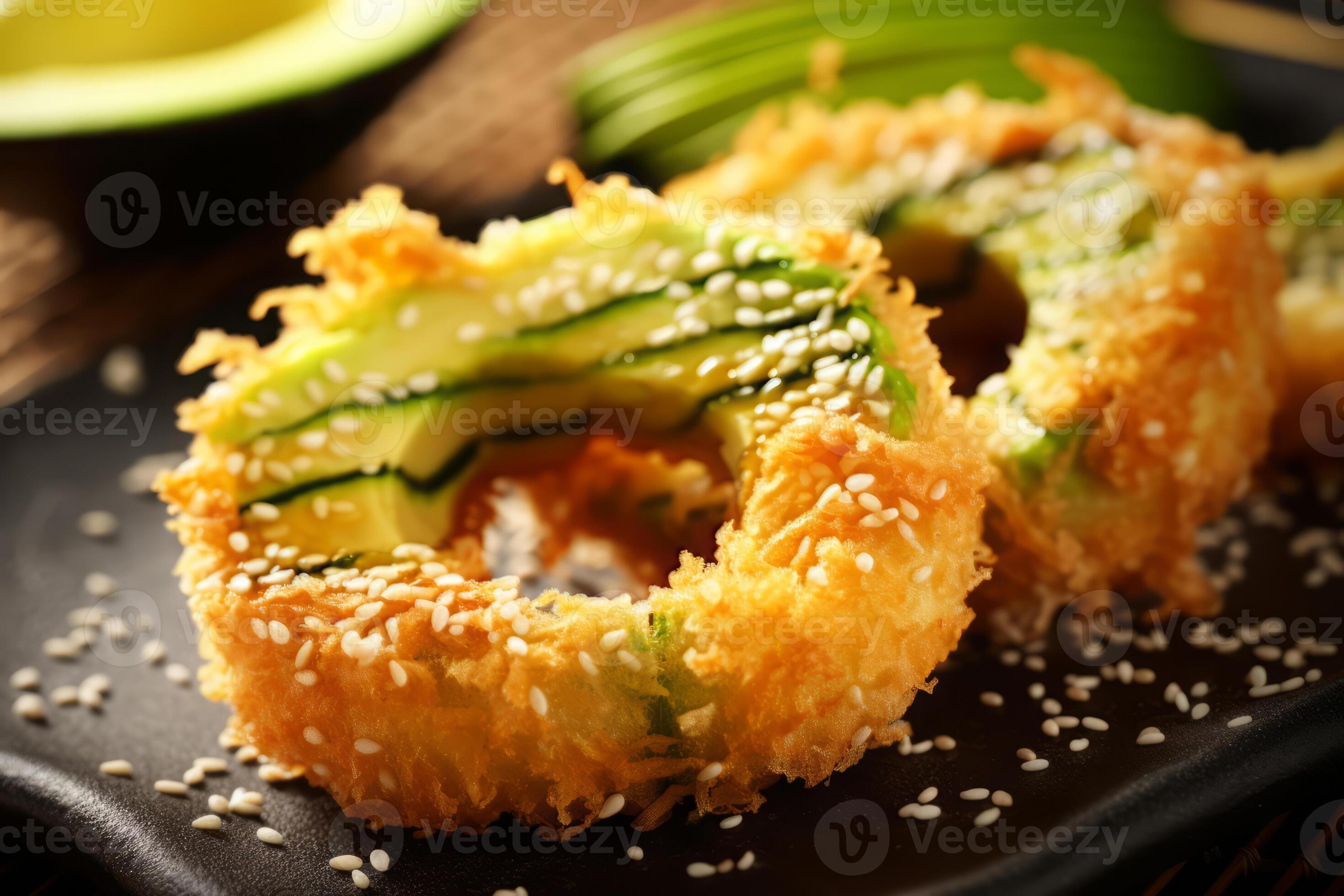Closeup top view of ingredients Avocado Tempura, Japanese food. AI