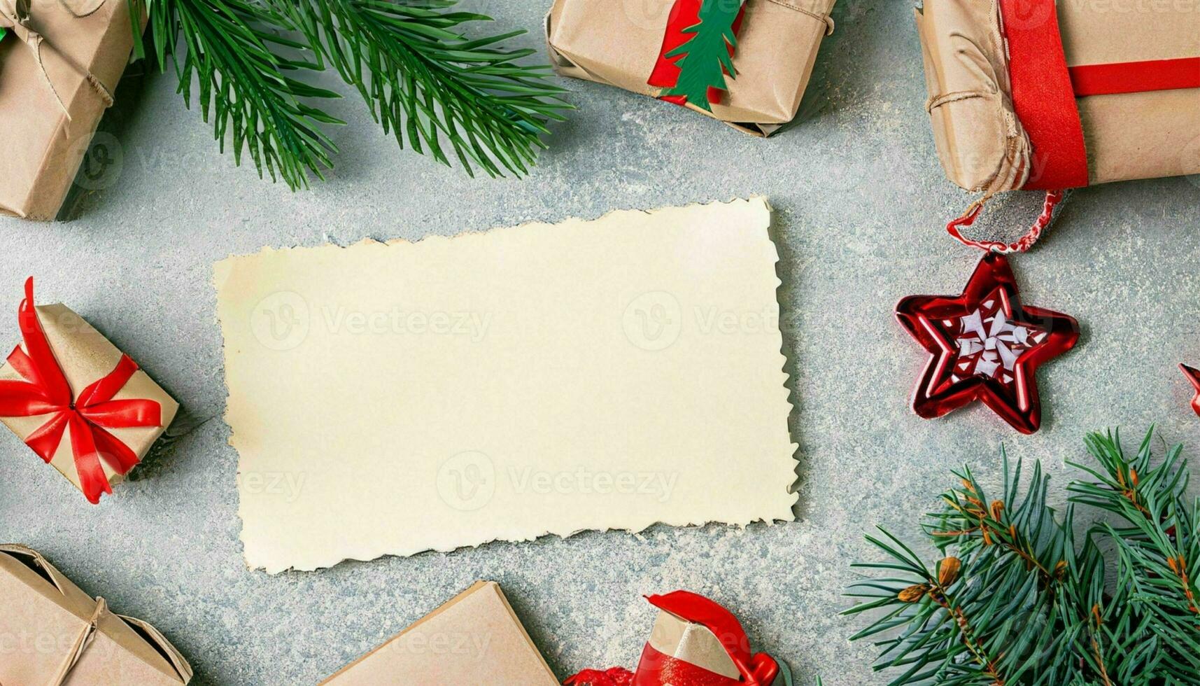 AI Generated, Christmas or New Year flat lay top view Xmas holiday celebration greeting card template with copy space on paper background photo