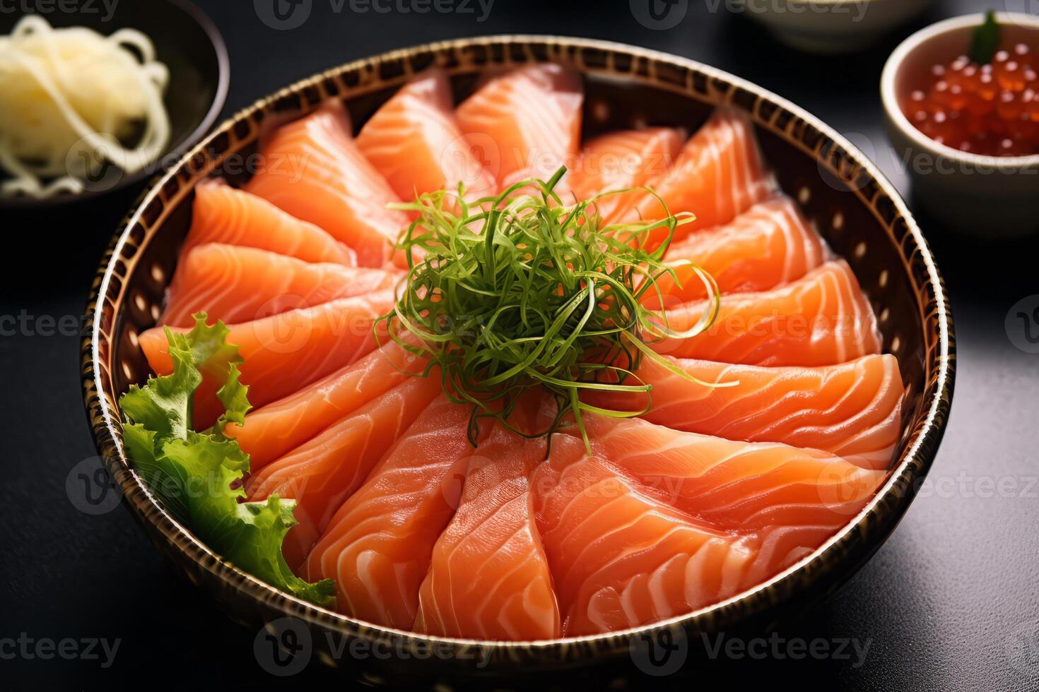 Close-up top view of ingredients Sashimi SET, Salmon, Tuna, Japanese food. . photo