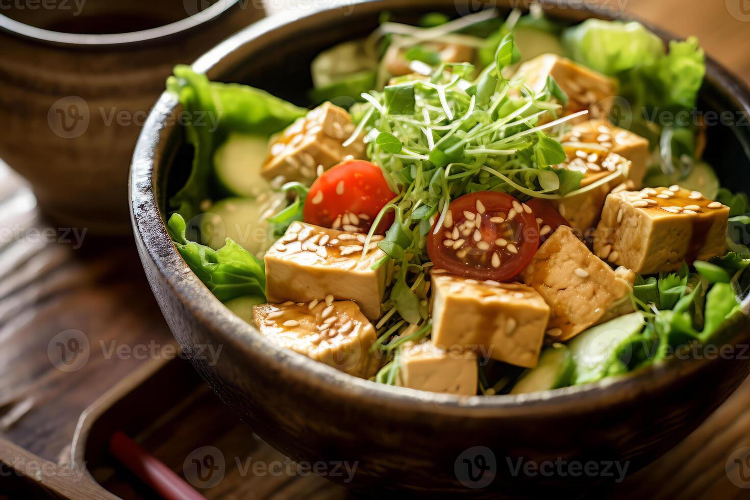 Close-up top view of ingredients Tofu Salad, Japanese food. . photo