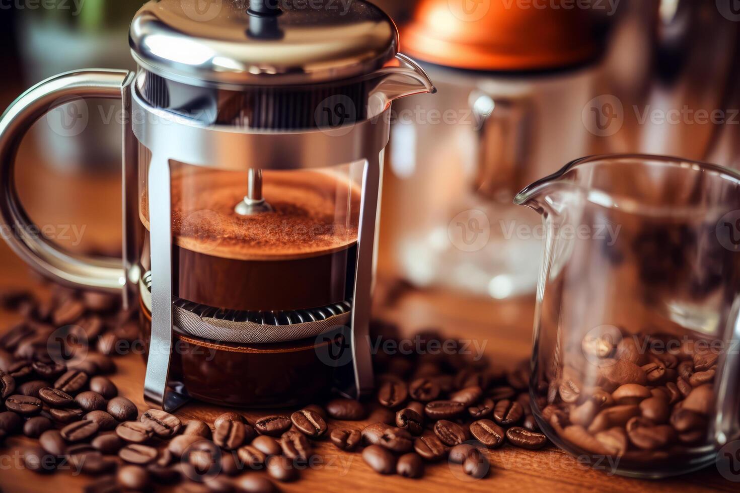 Close-up top view of ingredients French press, Coffee. . photo