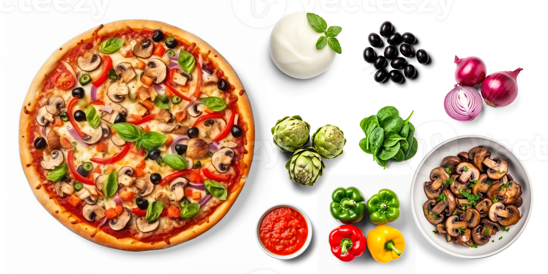 Veggie Pizza with ingredients, olives, artichokes, spinach, bell pepper, tomato sauce, mushrooms, red onion,  on transparent background png
