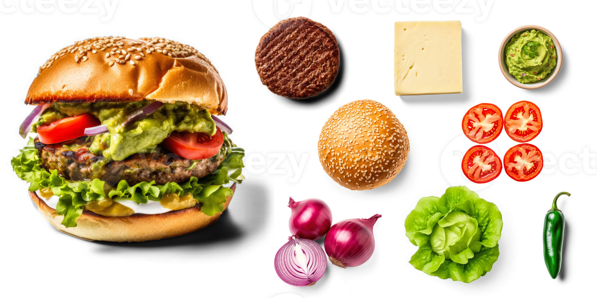 Guacomole burger with ingredients on transparent background png