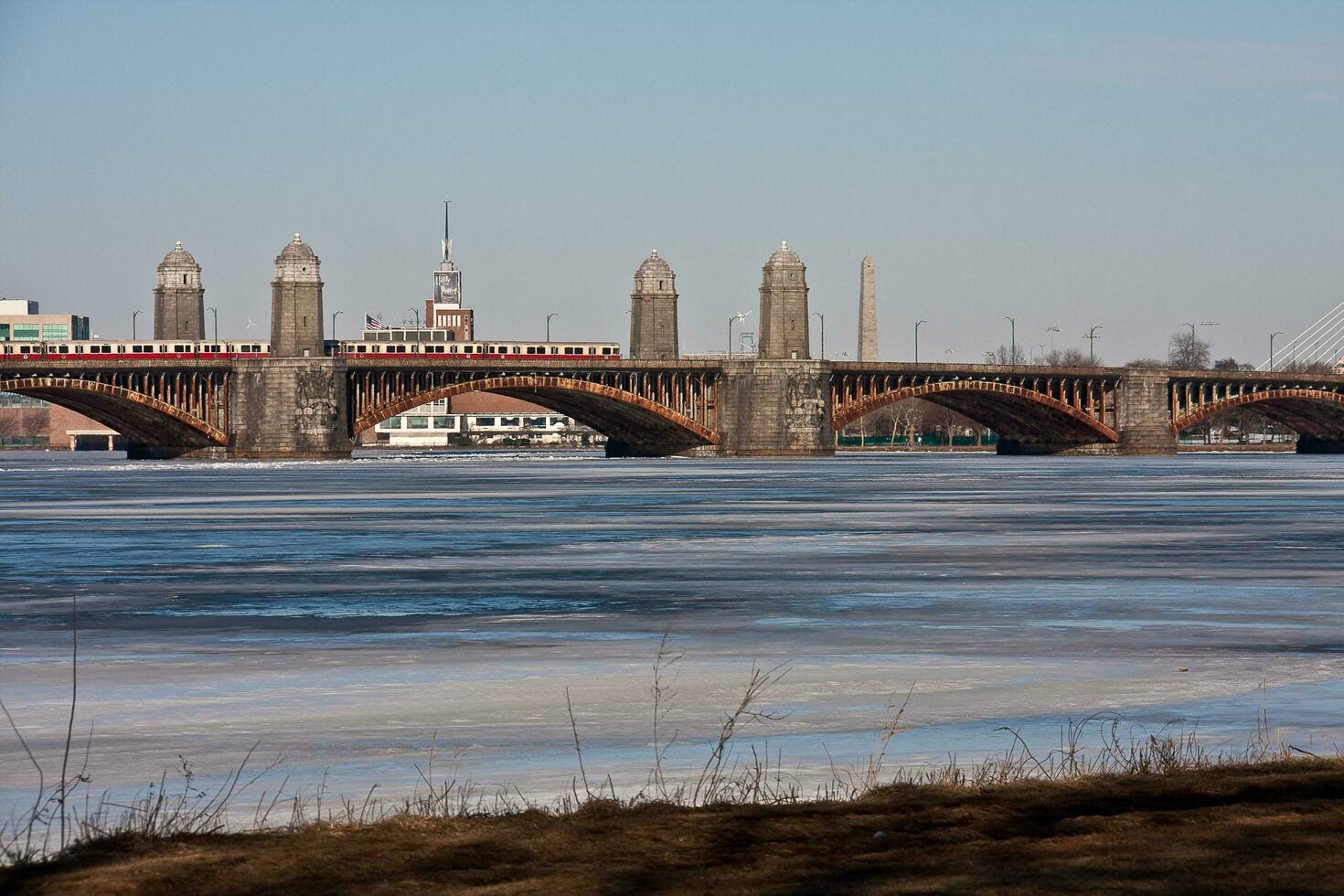 Boston, MA, USA January 10 2010   The Longfellow Bridge in winter over the Charles River that connect Boston to Cambridge, MA photo