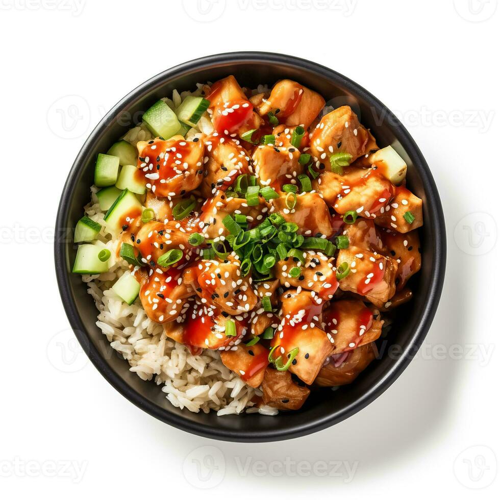 Hawaiian poke bowl with chicken isolated on white background top view photo