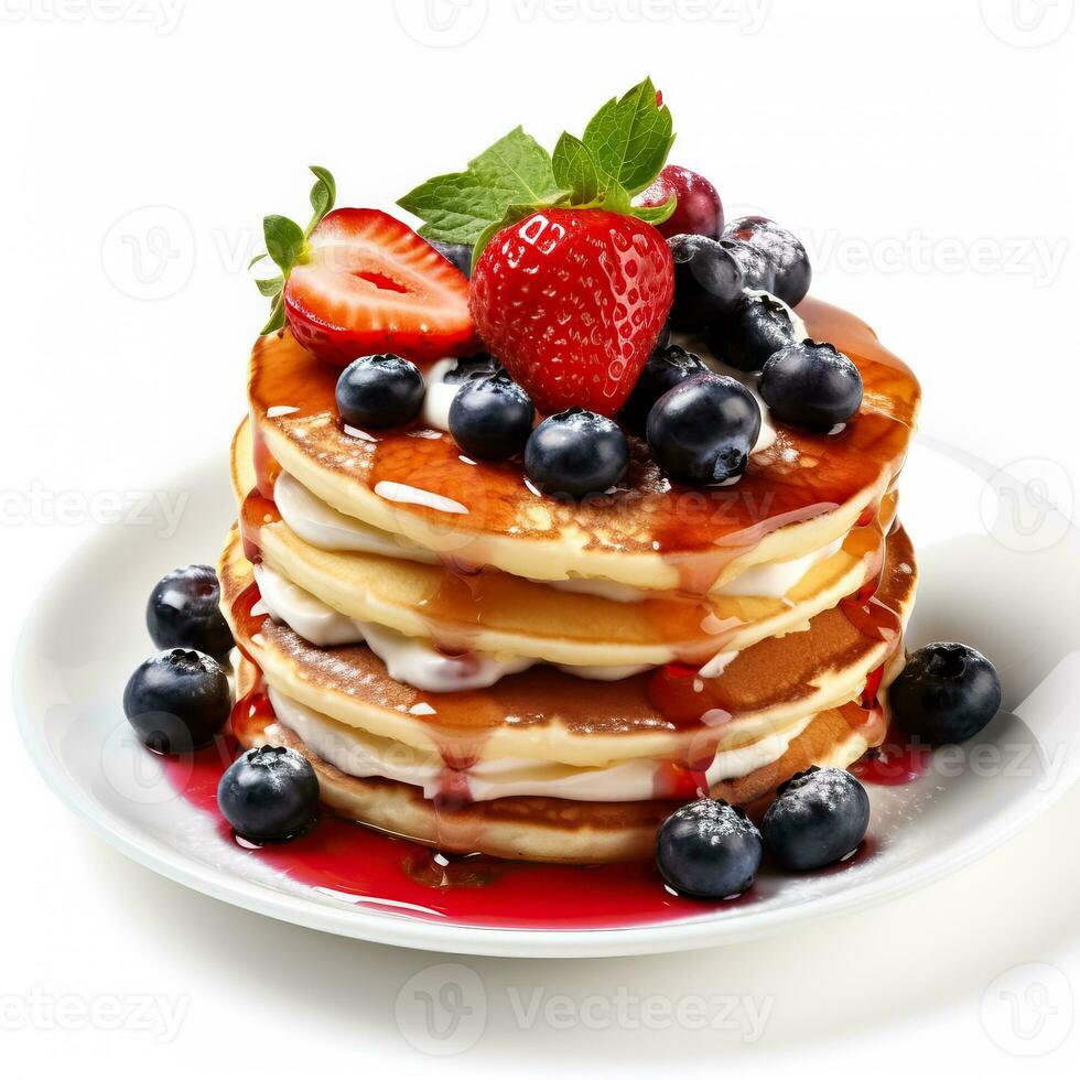 Delicious pancakes with strawberry and blueberries isolated on white background photo