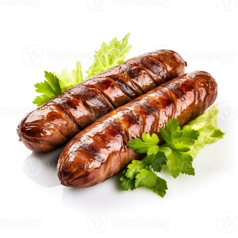 Grilled pork sausages with lettuce isolated on white background photo