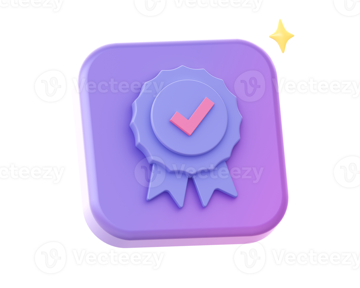 3d render of purple checkmark badge reward side icon for UI UX web mobile apps social media ads design png