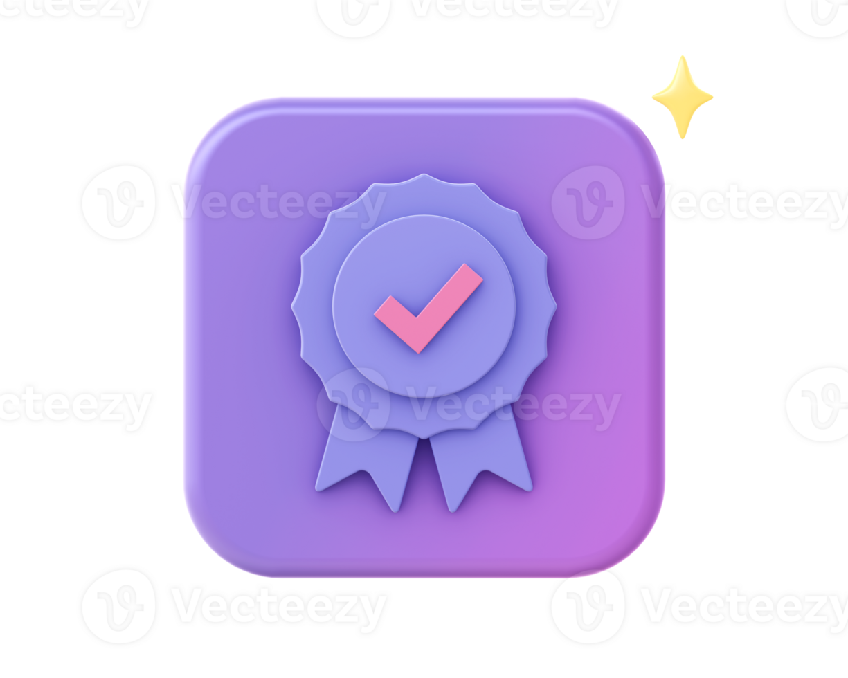 3d render of purple checkmark badge reward icon for UI UX web mobile apps social media ads design png