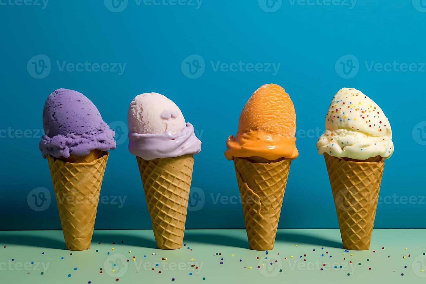 Ice cream cones on a blue background with colorful sprinkles and copy space photo