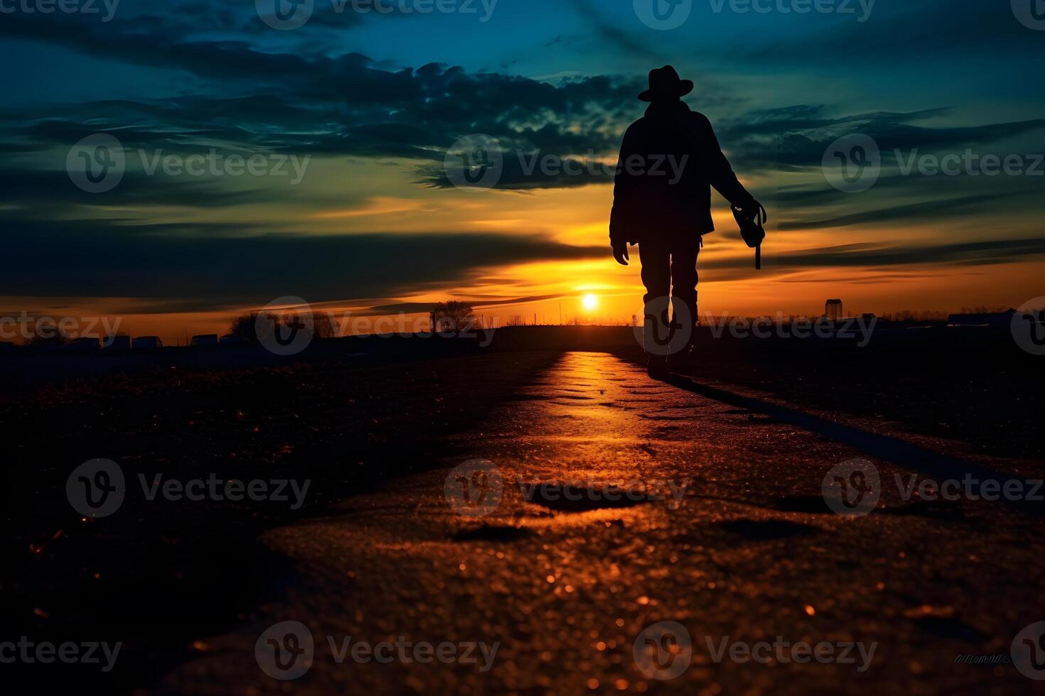 Silhouette of a man with a bicycle on the road at sunset photo