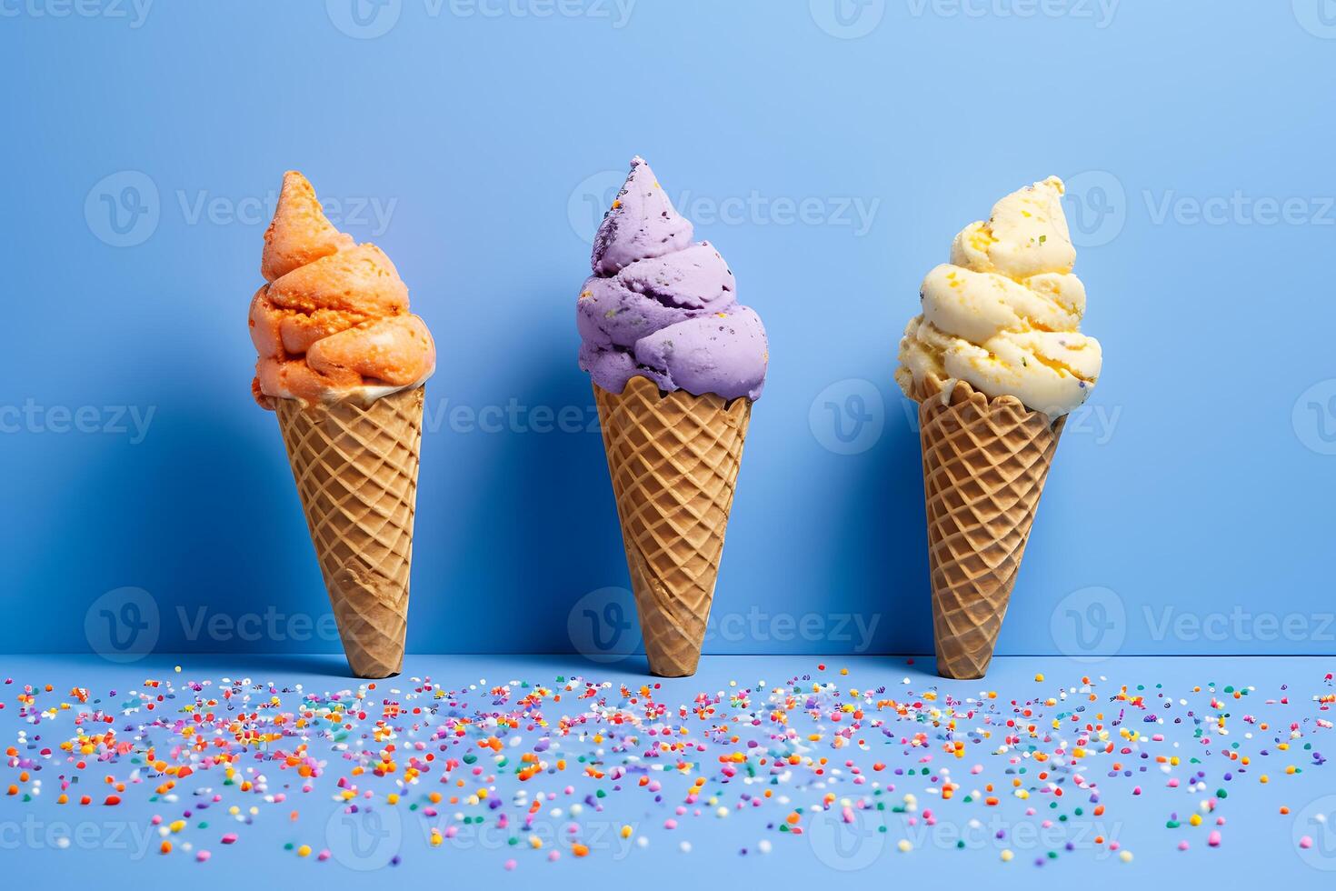 Three ice cream cones on blue background with multicolored sprinkles photo