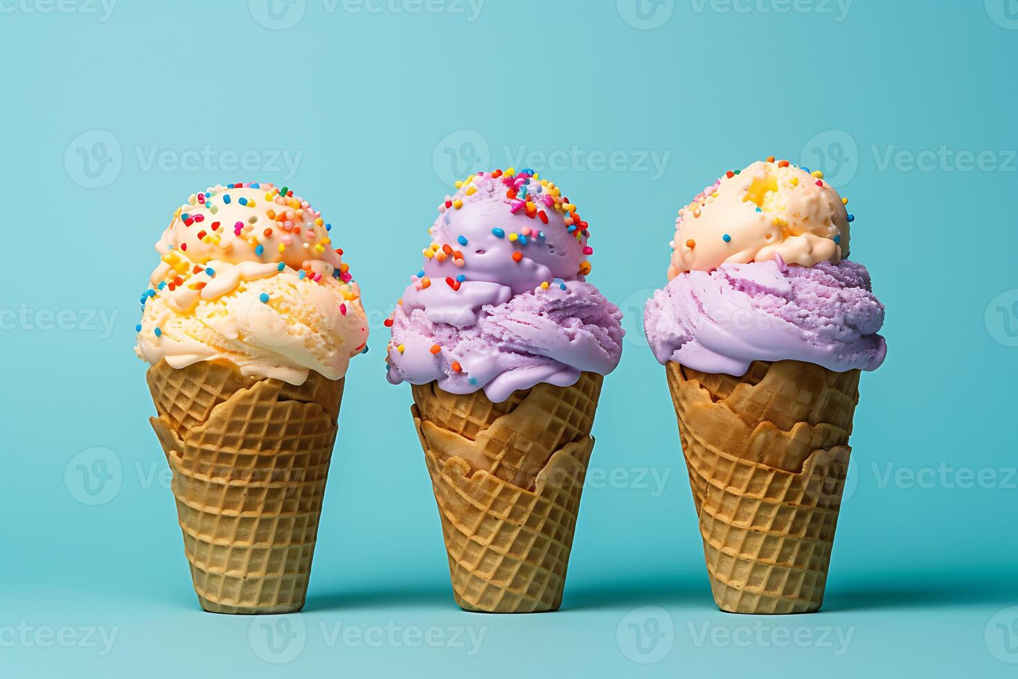 Three ice cream cones with colorful sprinkles on a blue background photo