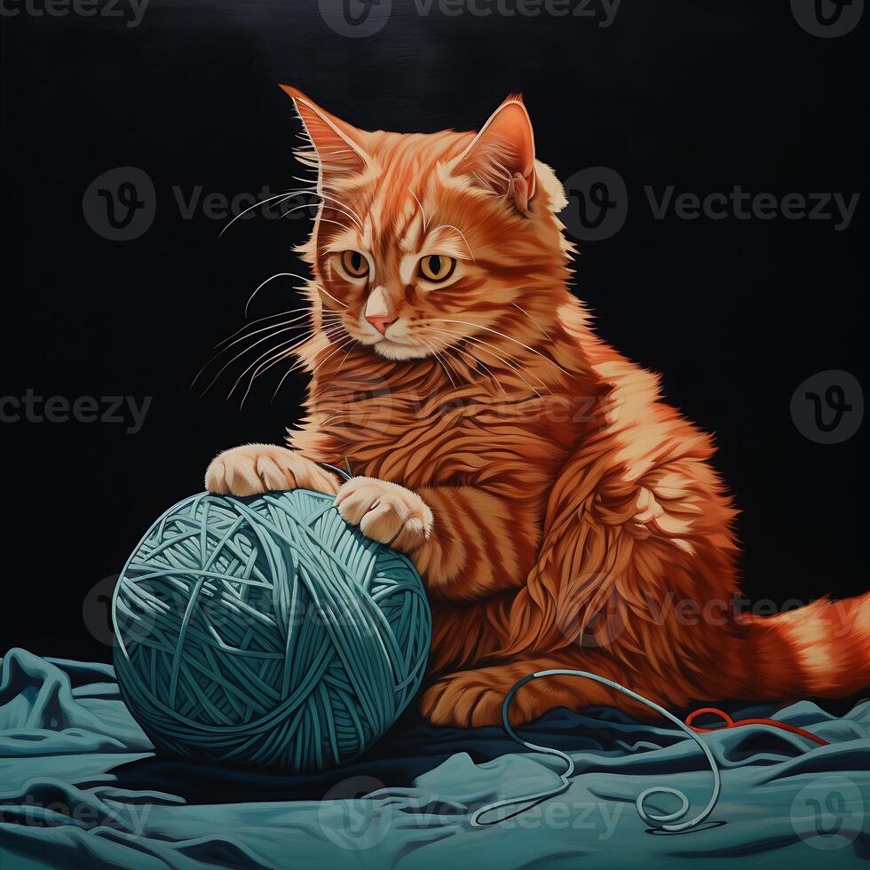 Cute ginger cat with a ball of yarn on a black background photo