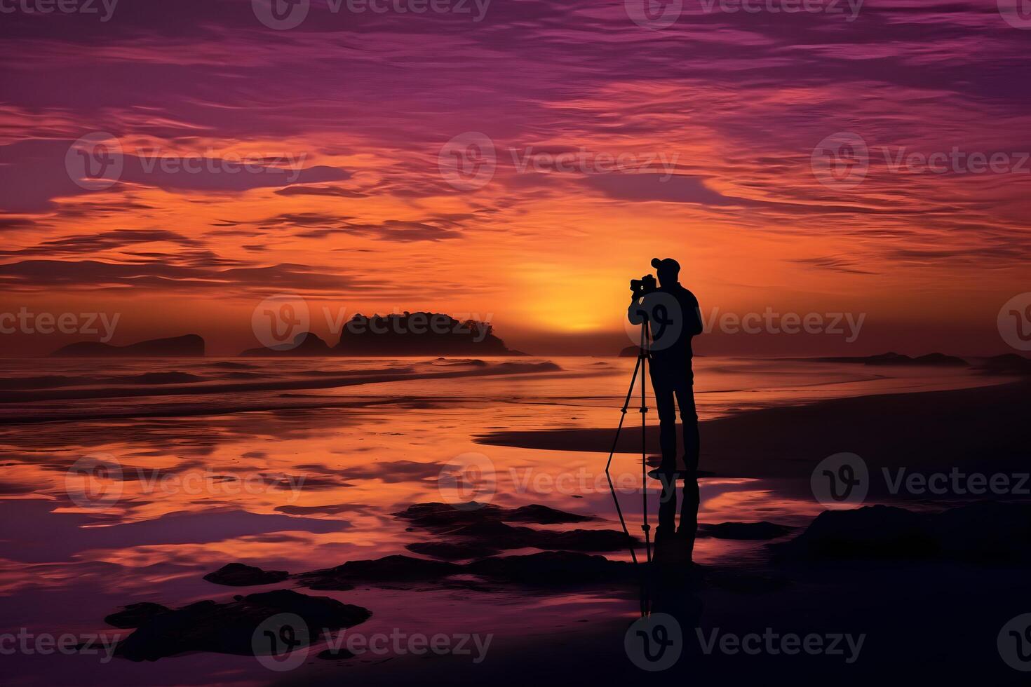 Photographer with camera on the beach at sunset photo