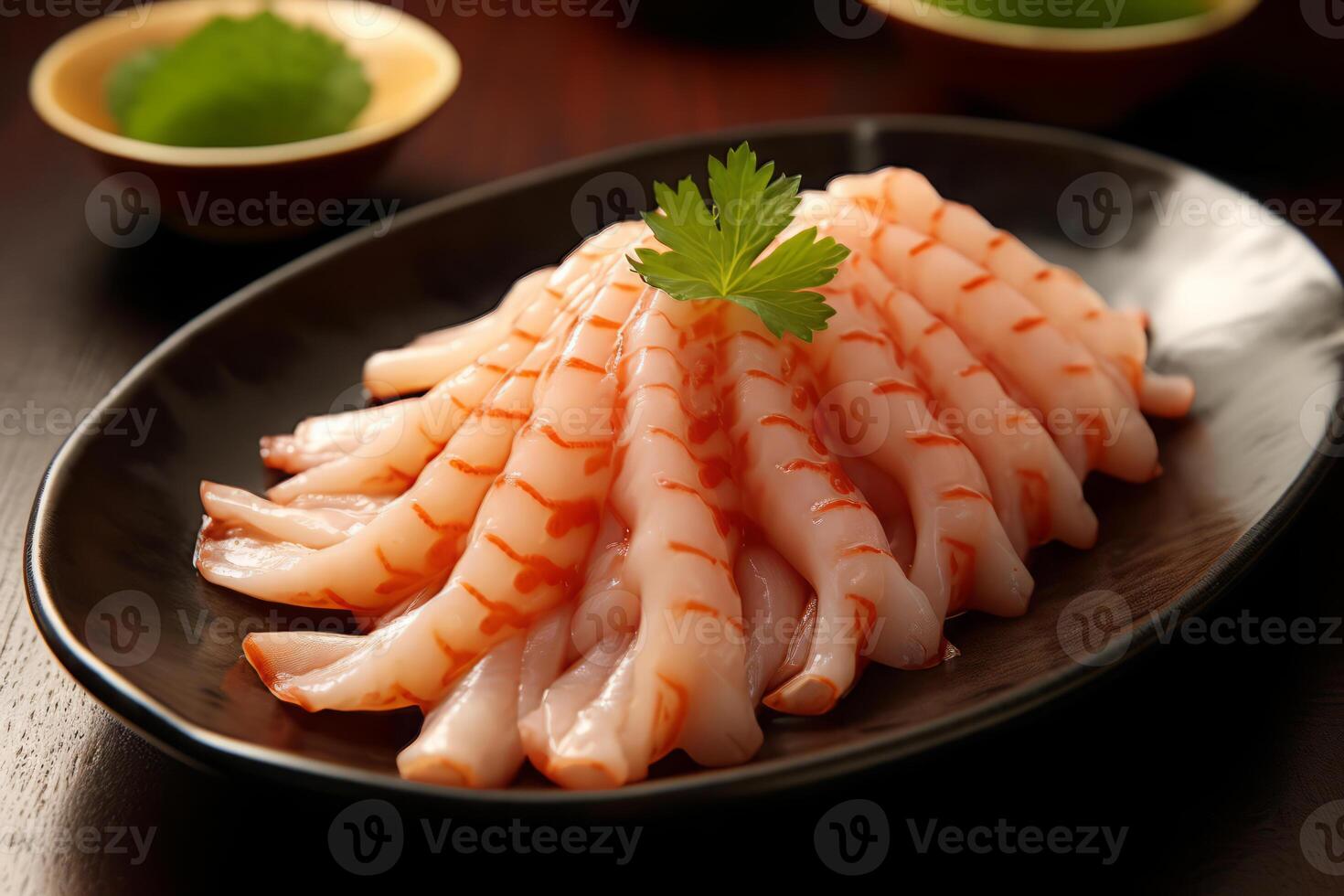 Close-up top view of Tako SASHIMI Squid, Japanese food. AI Generated. photo