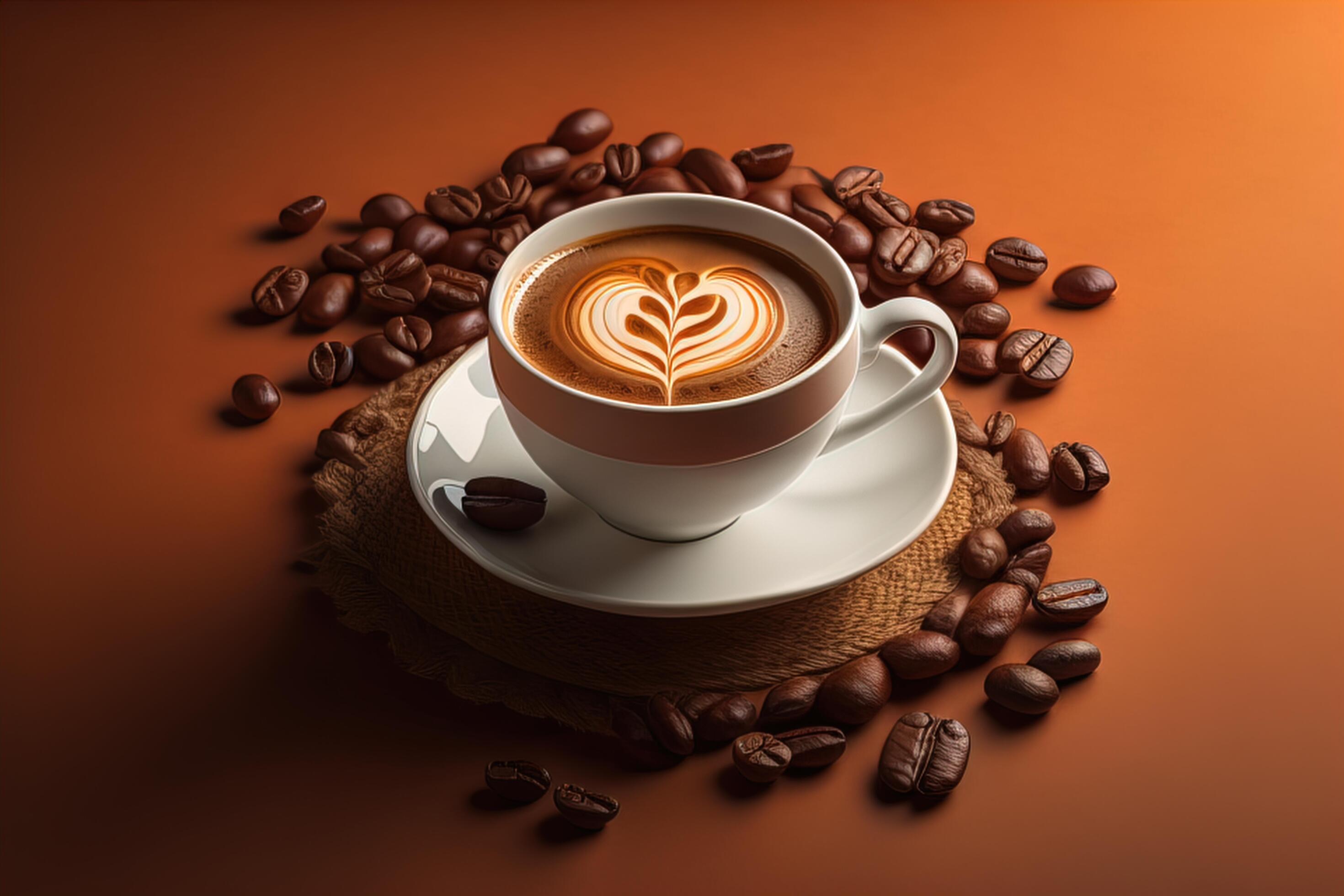 cup of coffee with latte art and coffee beans on brown background