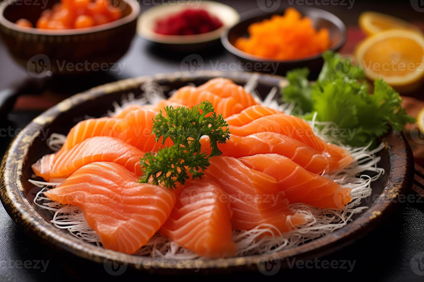 Close-up top view of ingredients Sashimi SET, Salmon, Tuna, Japanese food. . photo
