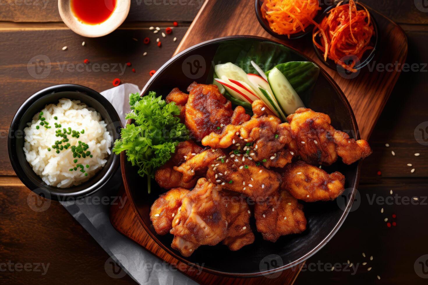 Close-up top view of ingredients Chicken Karaage, Japanese food. . photo