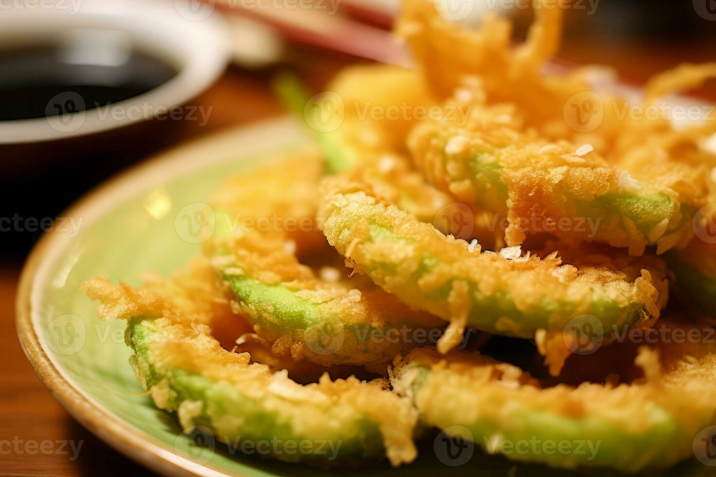 Close-up top view of ingredients Avocado Tempura, Japanese food. AI Generated. photo