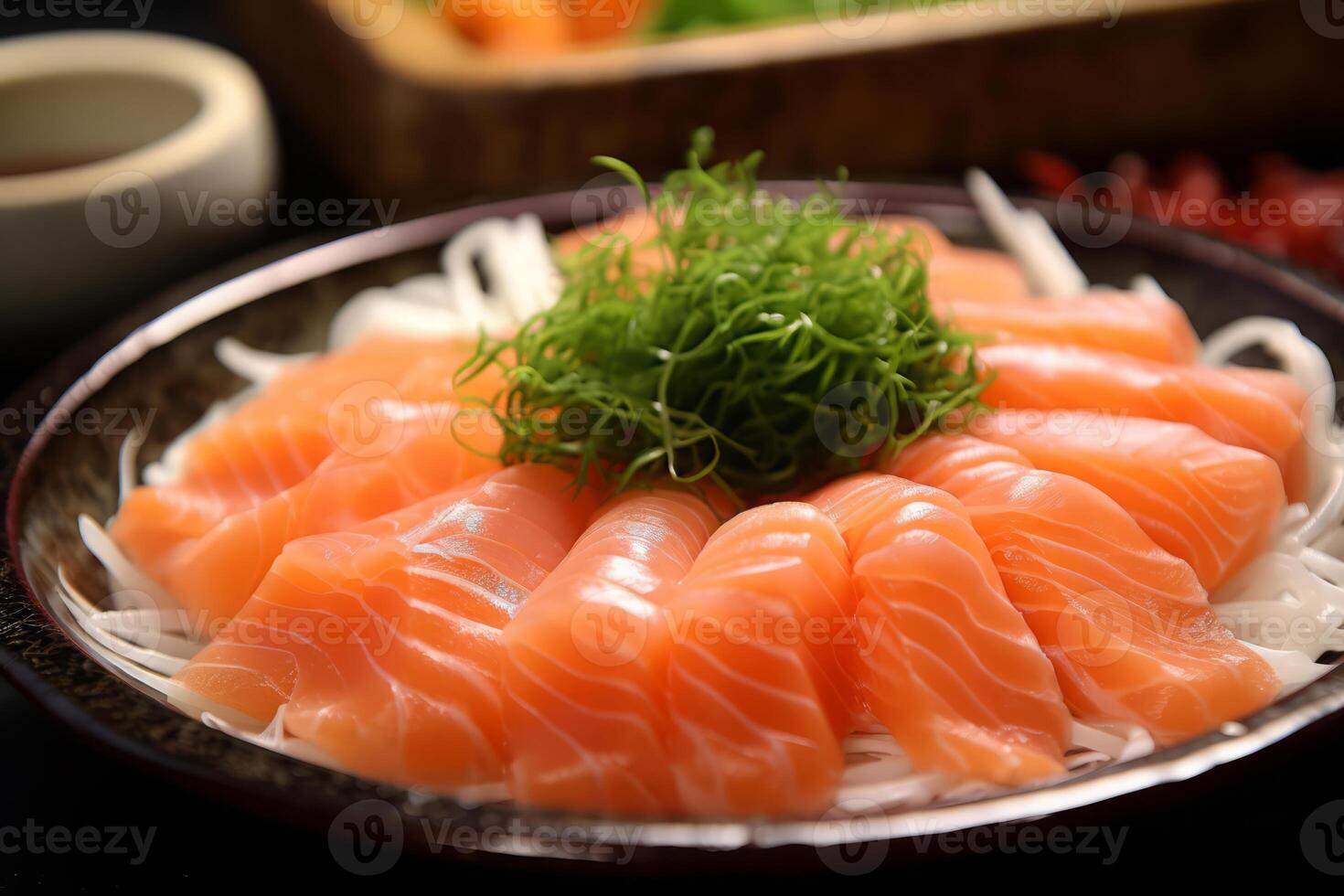 Close-up top view of ingredients Sashimi SET, Salmon, Tuna, Japanese food. . photo
