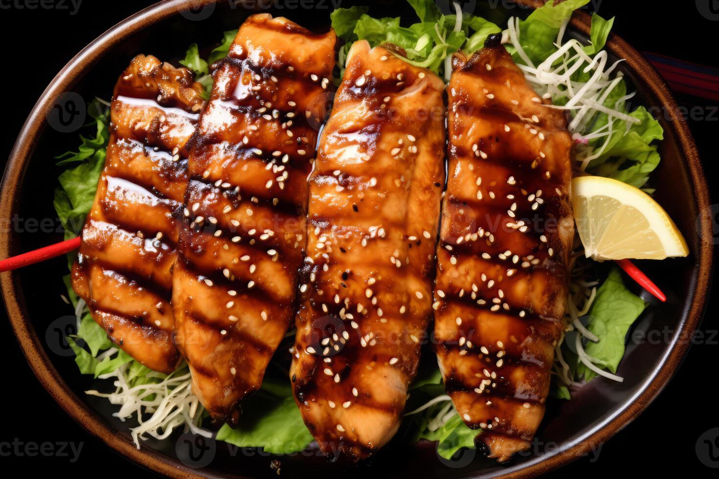 Closeup top view of ingredients Grilled Chicken, Salmon, Pork