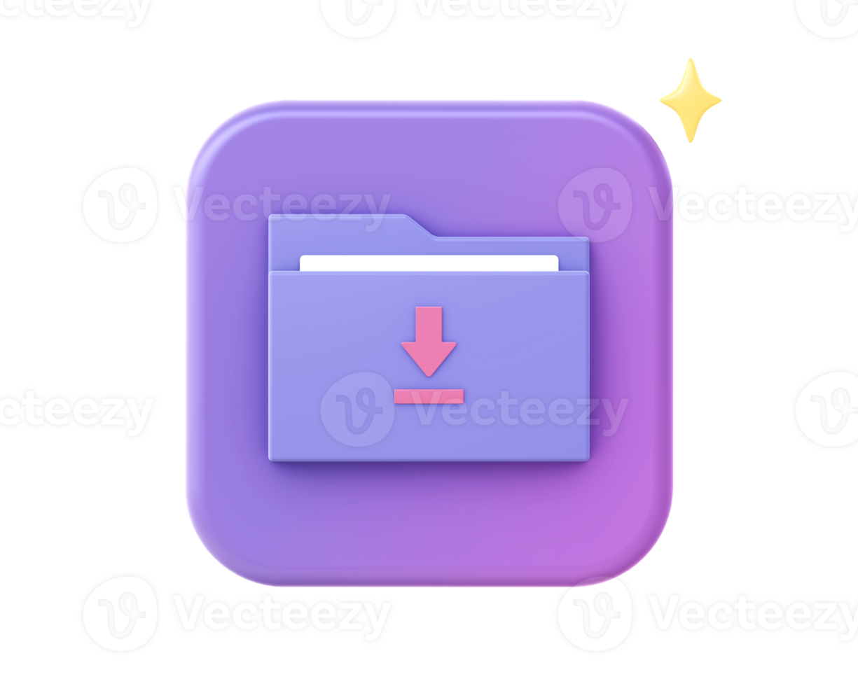 3d render of purple folder download icon for UI UX web mobile apps social media ads design png