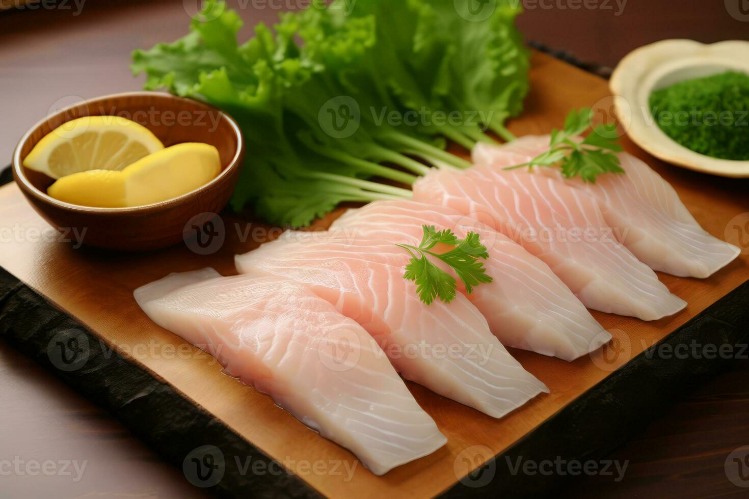 Close-up top view of ingredients Engawa NIGIRI, Japanese food. AI Generated. photo