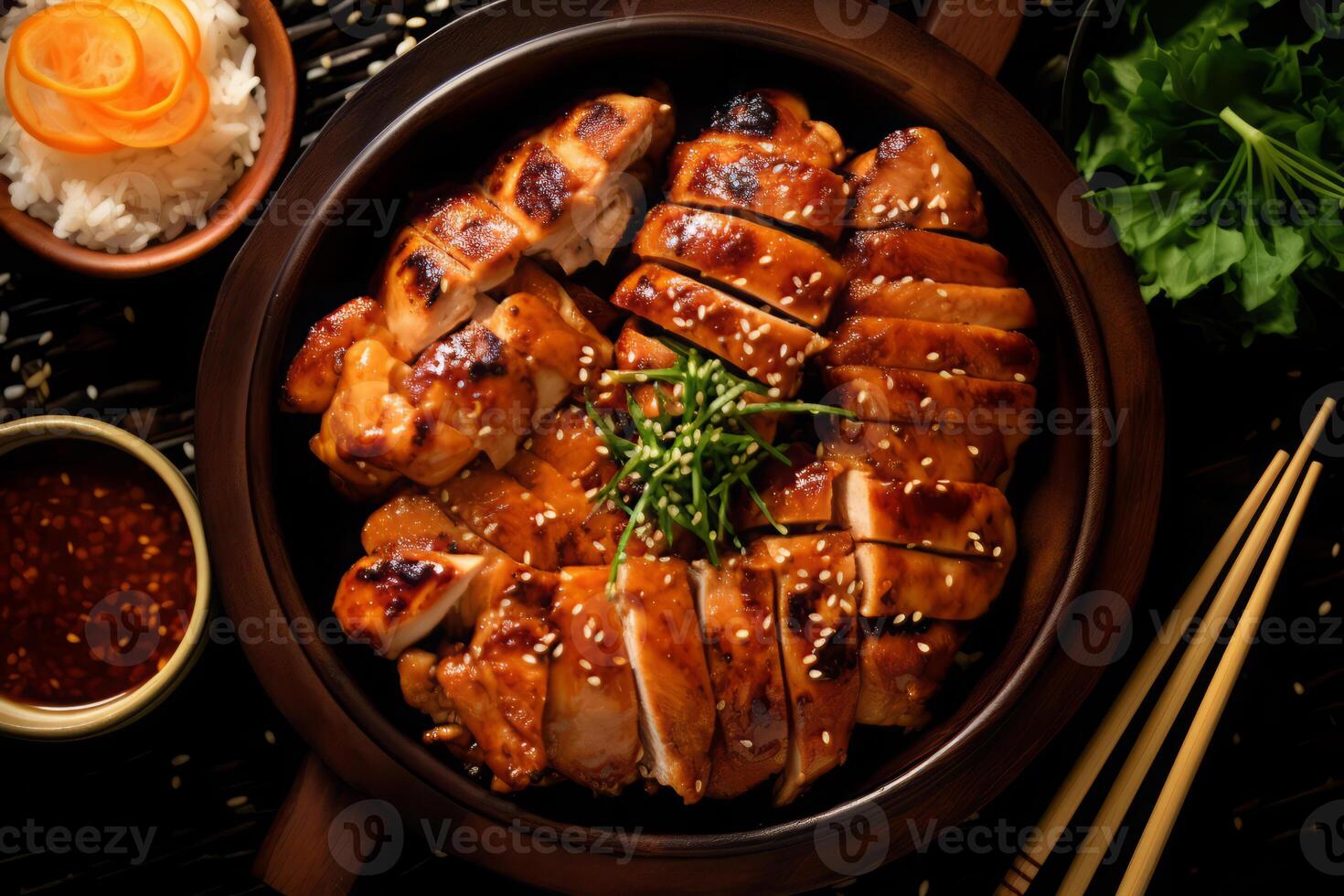 Close-up top view of ingredients Grilled Chicken, Salmon, Pork, Japanese food. . photo