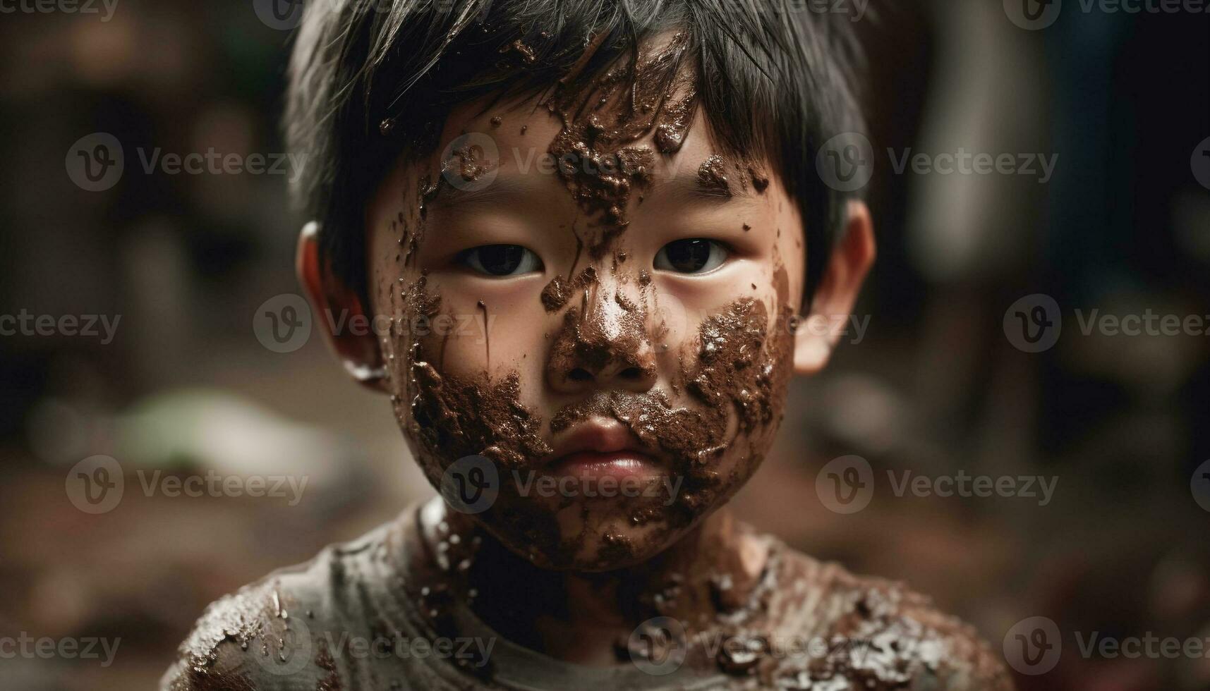 Smiling children covered in mud having fun outdoors generated by AI photo