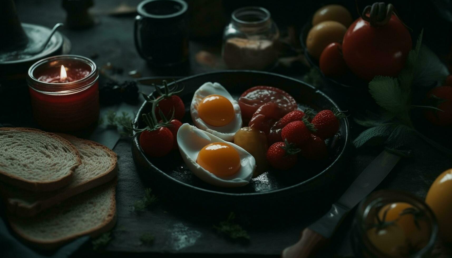 Rustic homemade meal Fresh fruit, organic bread generated by AI photo