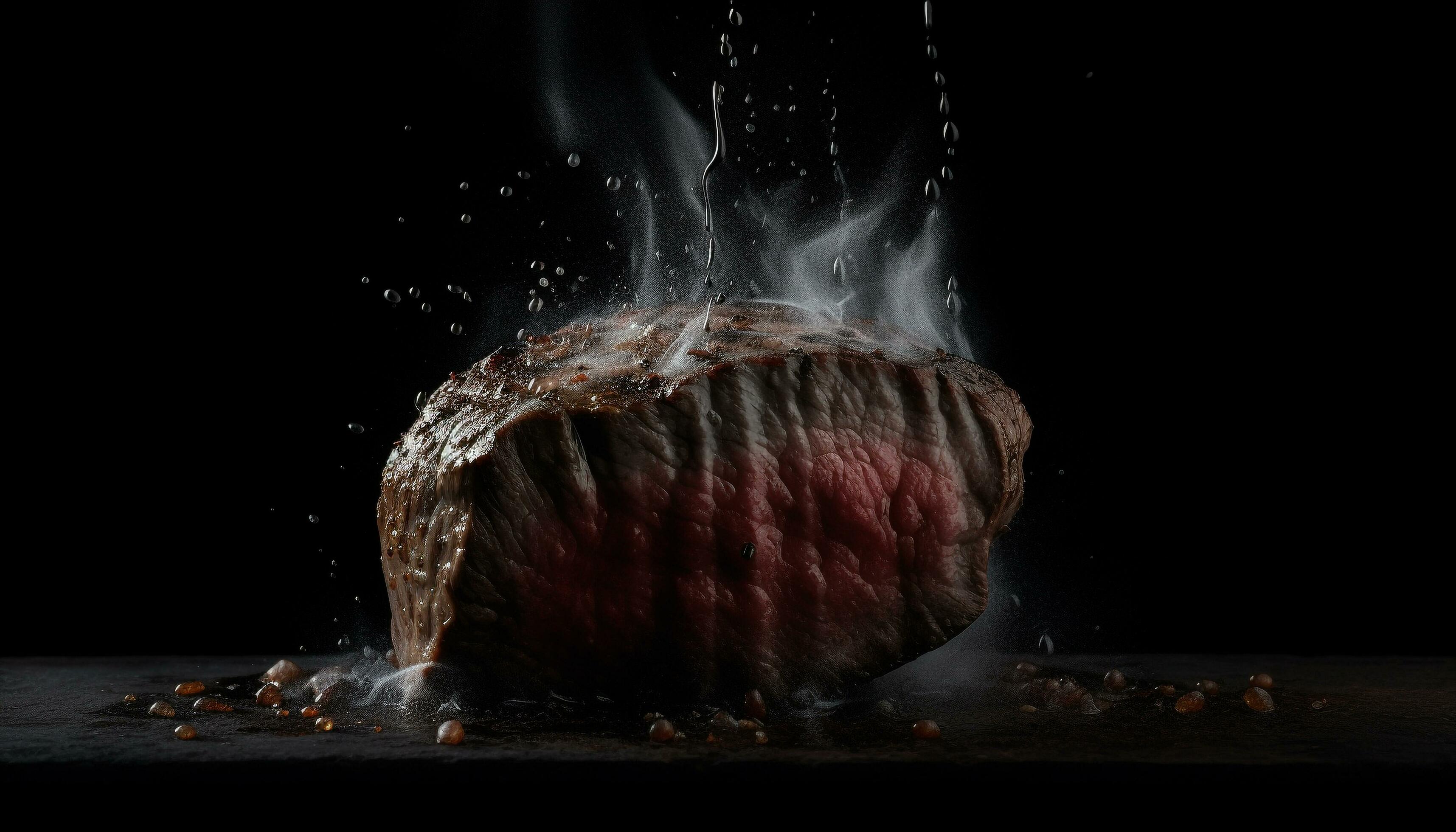 Grilled beef sizzling on barbecue, flames exploding generated by AI