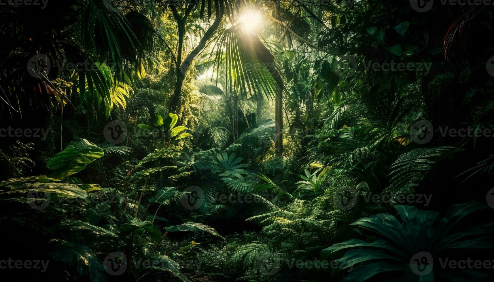 Green palm trees sway in tropical forest generated by AI photo