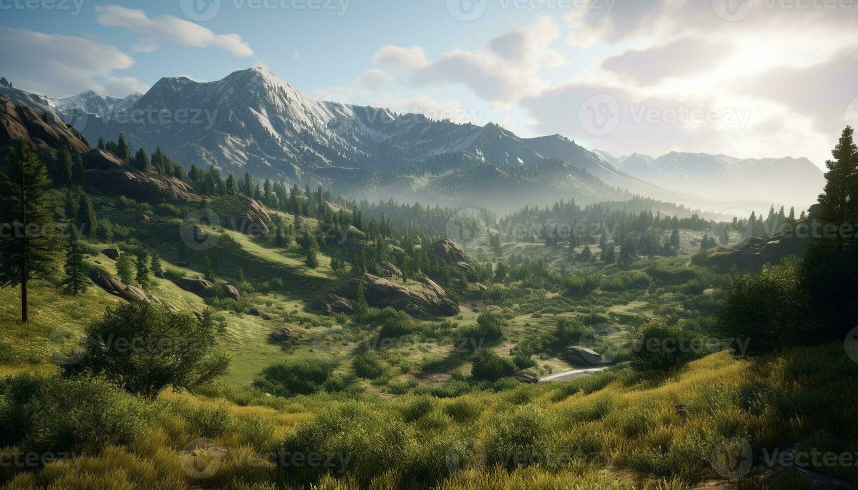 Majestic mountain range, tranquil meadow, serene sunrise generated by AI photo