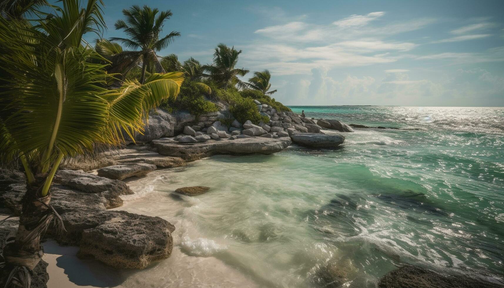 idílico palma árbol línea costera, tranquilo aguas borde generado por ai foto