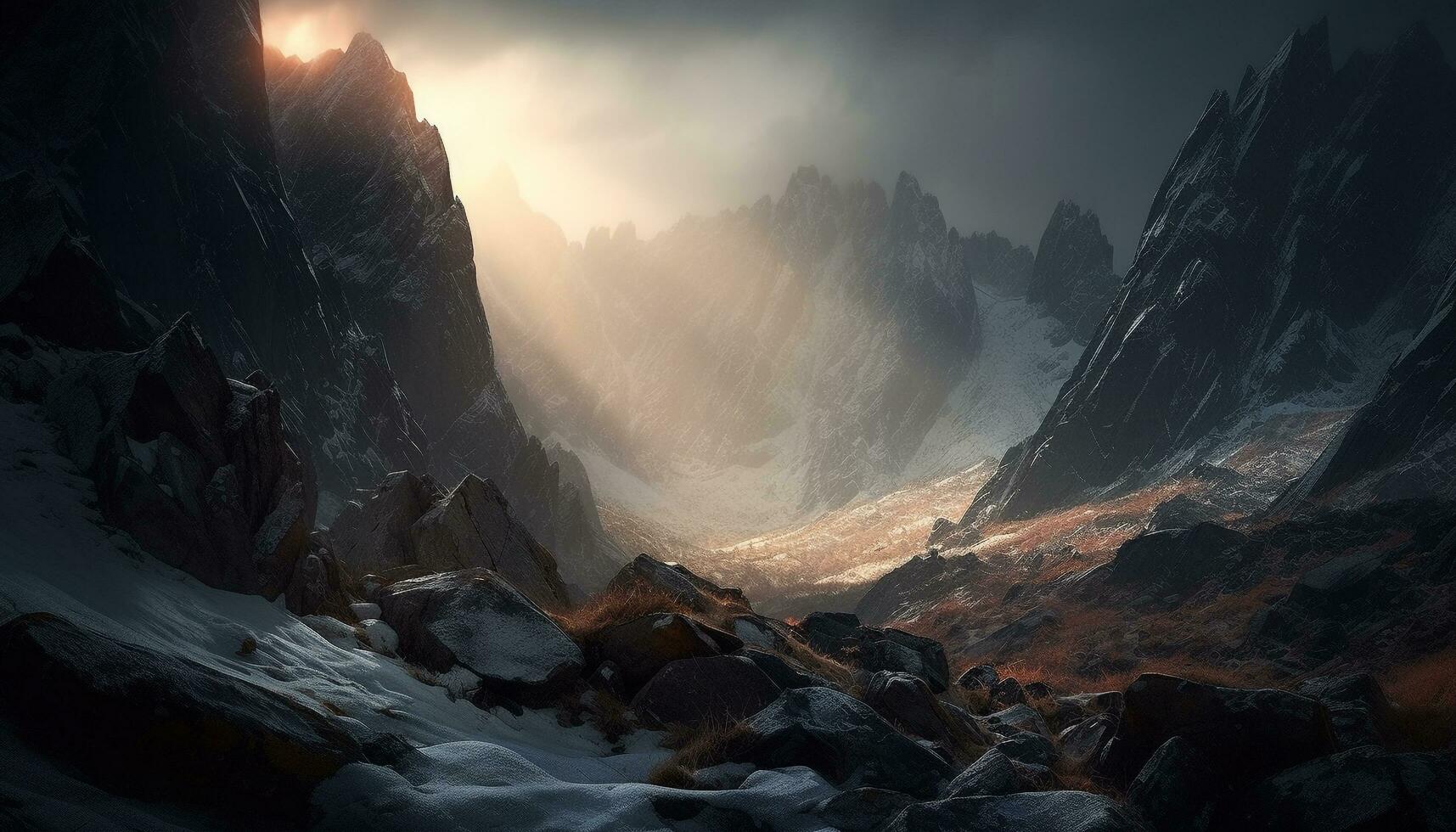 Majestic mountain range, frozen in winter frost generated by AI photo
