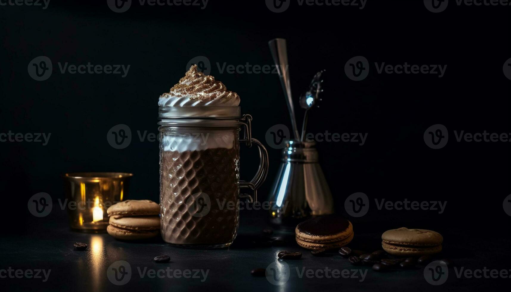 A frothy cappuccino on a rustic table generated by AI photo