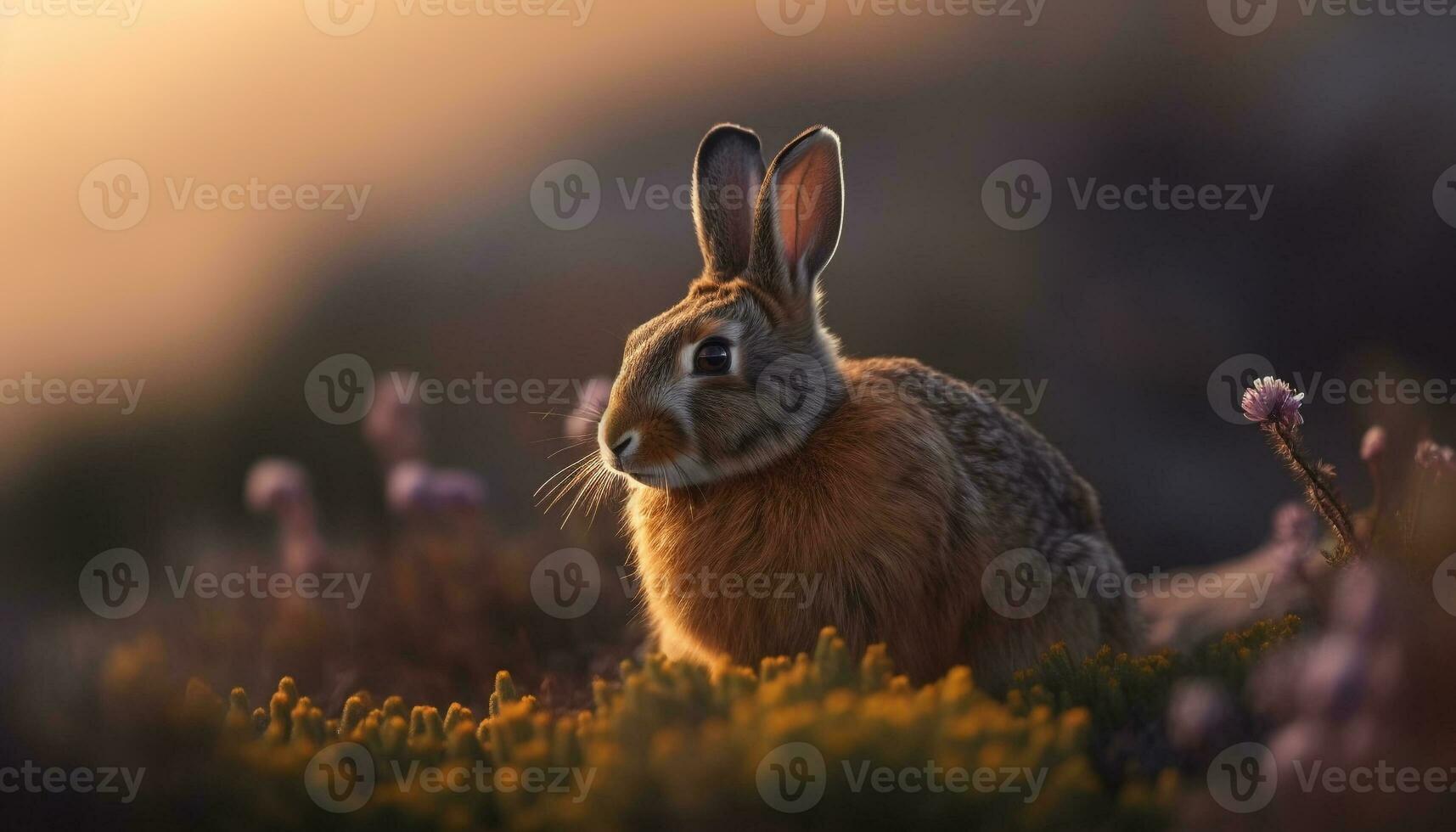 Fluffy baby rabbit sits in green meadow generated by AI photo