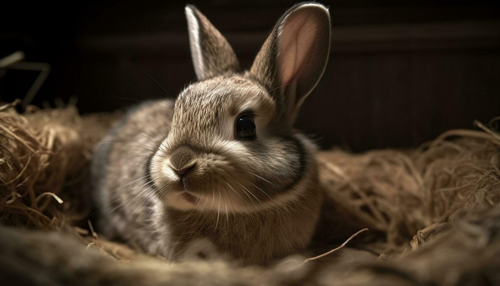 Fluffy baby rabbit sitting on hay indoors generated by AI photo