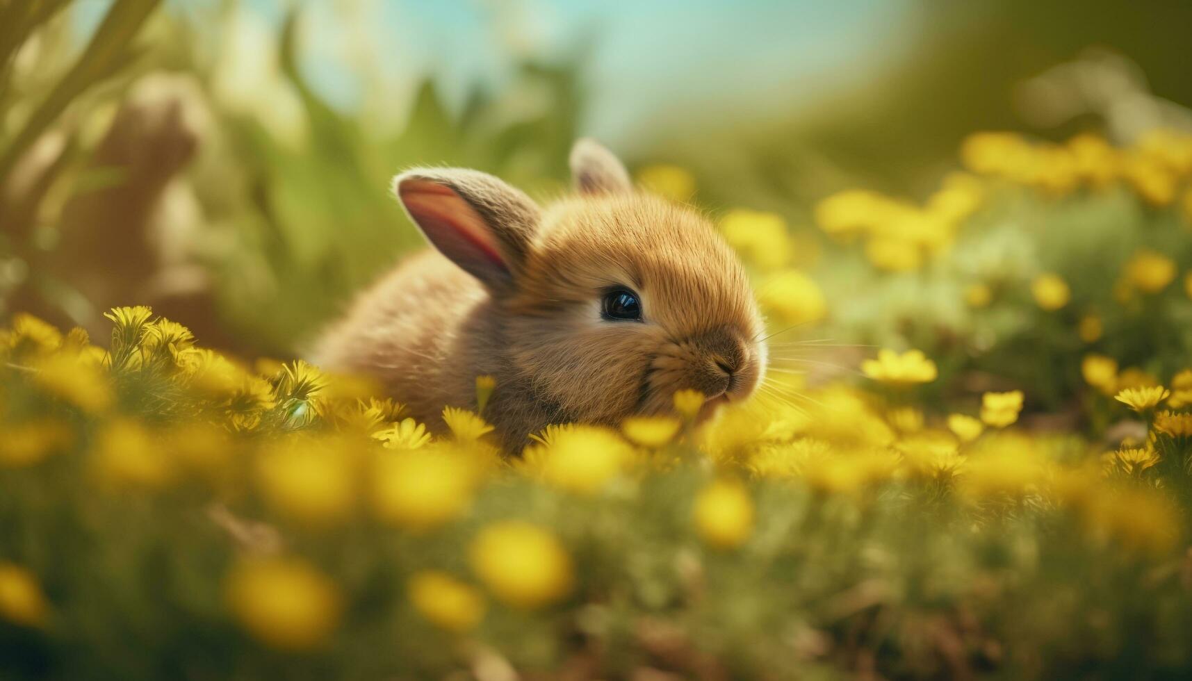 Fluffy baby rabbit sitting in green meadow generated by AI photo