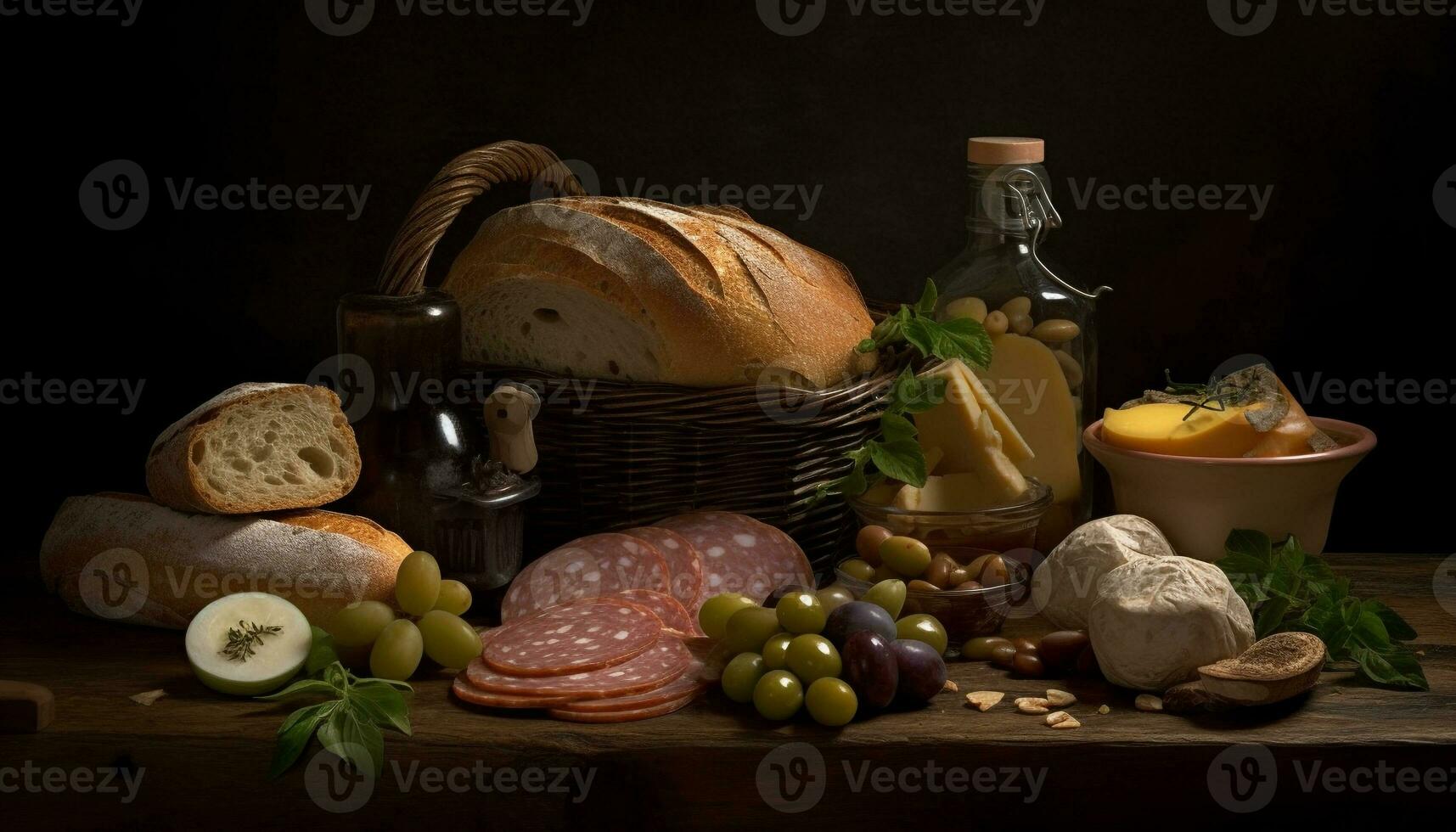 Rustic bread, meat, cheese, and fruit basket generated by AI photo