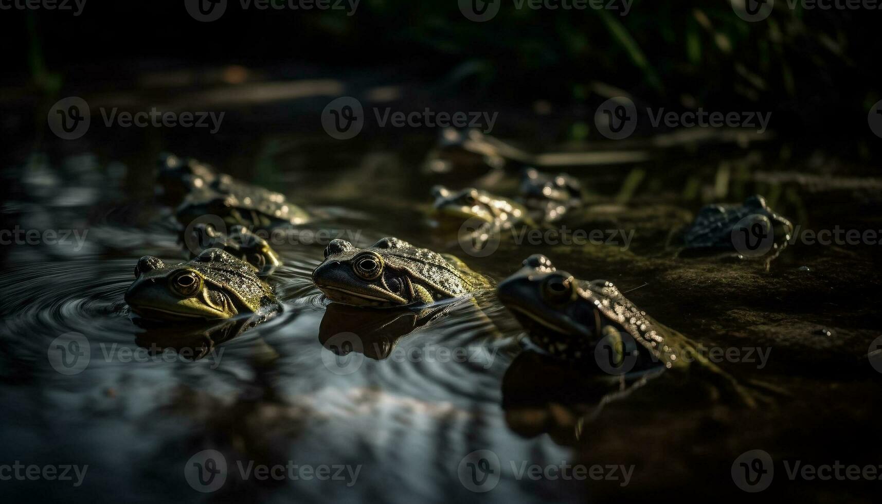 Green turtle eye reflects tranquil pond beauty generated by AI photo