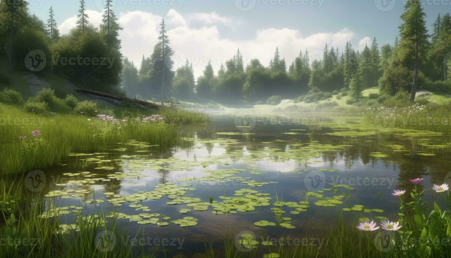 Tranquil scene of nature beauty in summer generated by AI photo