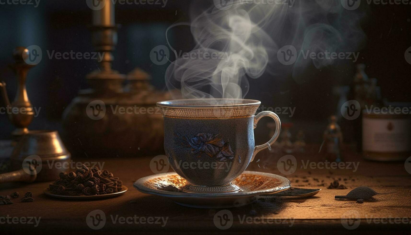 Rustic coffee mug on wooden table steams generated by AI photo