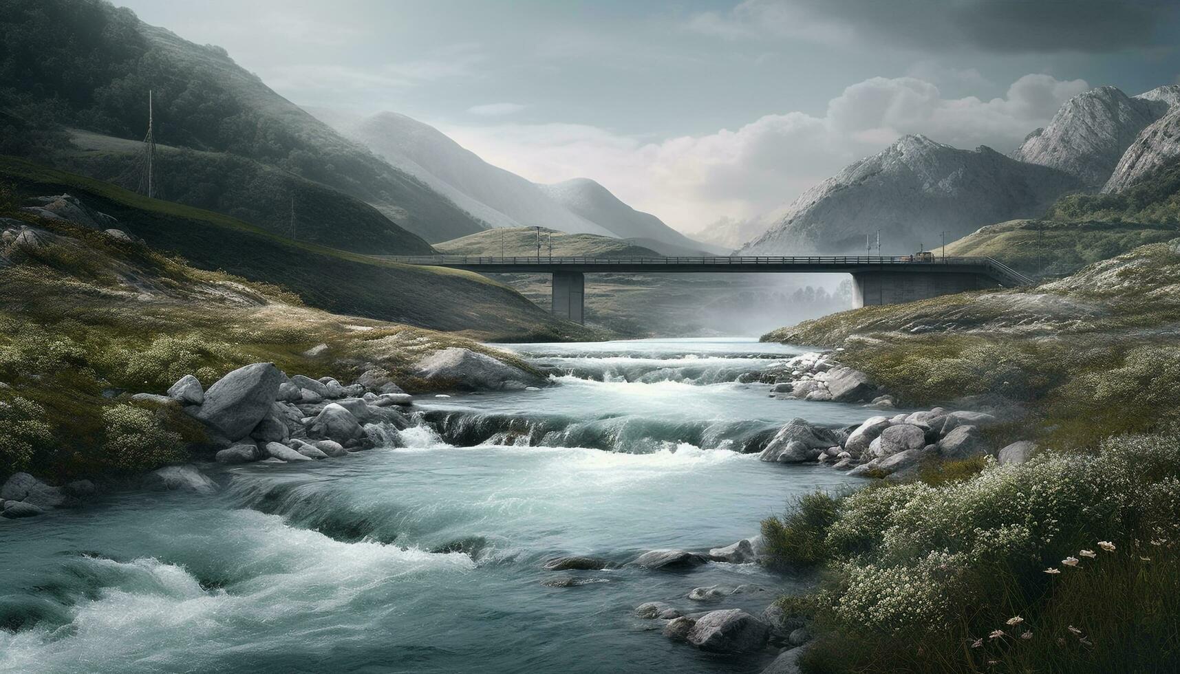 Majestic mountain peak, tranquil scene, flowing water generated by AI photo