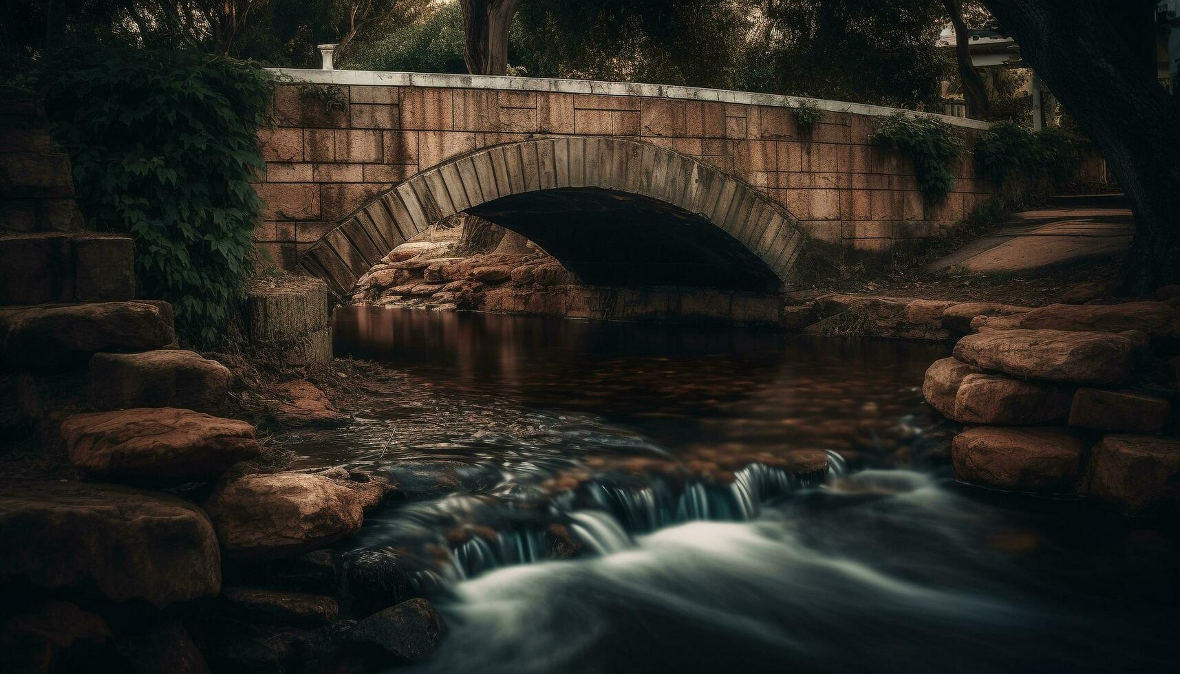 Tranquil footbridge over flowing autumn water in forest generated by AI photo