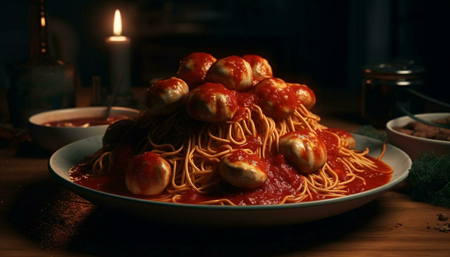 Freshly cooked pasta on rustic wooden table generated by AI photo