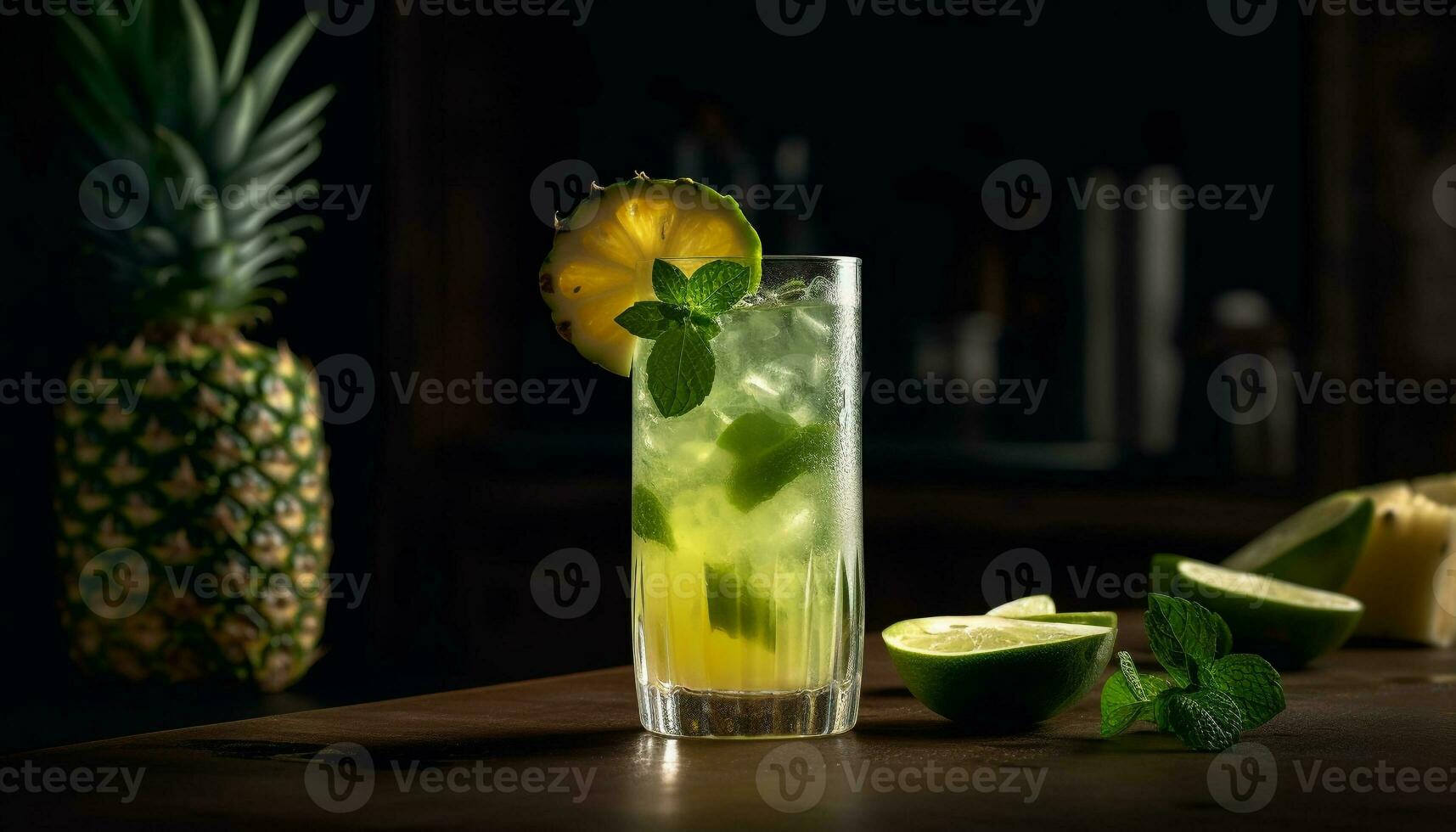 Fresh mojito on rustic table, tropical garnish generated by AI photo