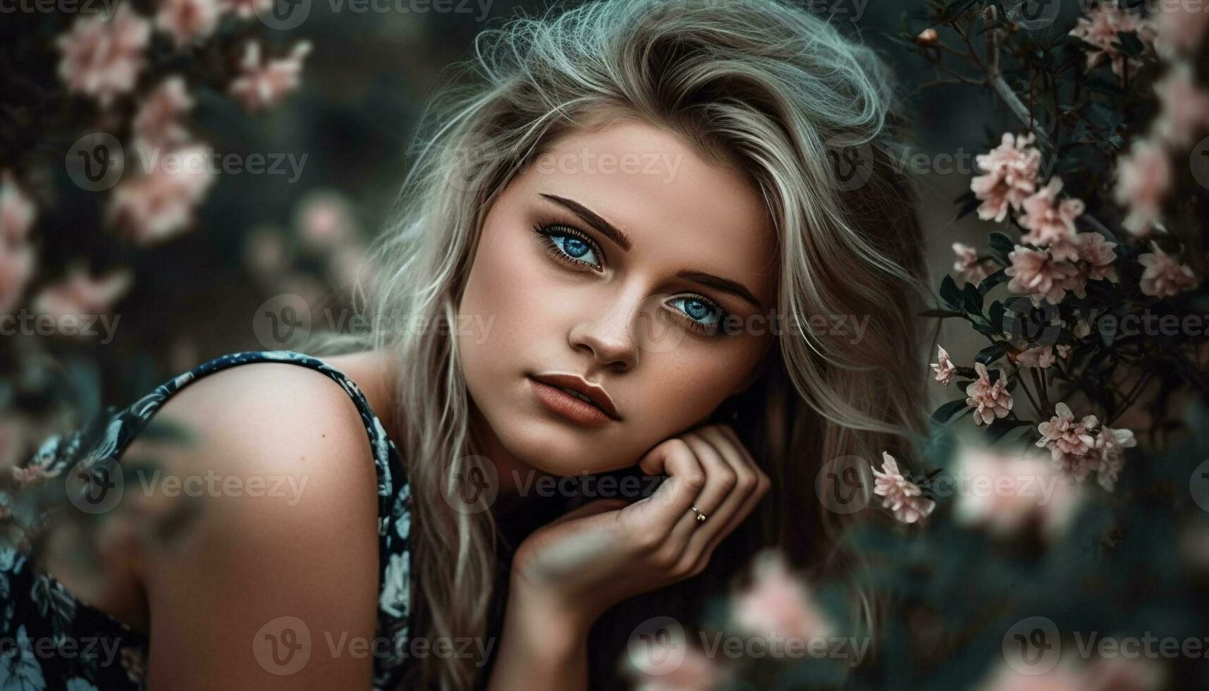 Beautiful woman in nature, looking at camera generated by AI photo