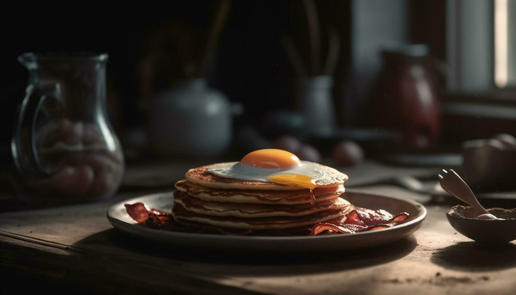 Stack of homemade pancakes on rustic wood plate generated by AI photo